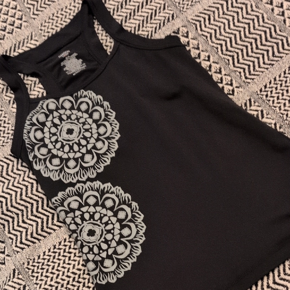 Danskin Black Tank Top with Gray Floral Design